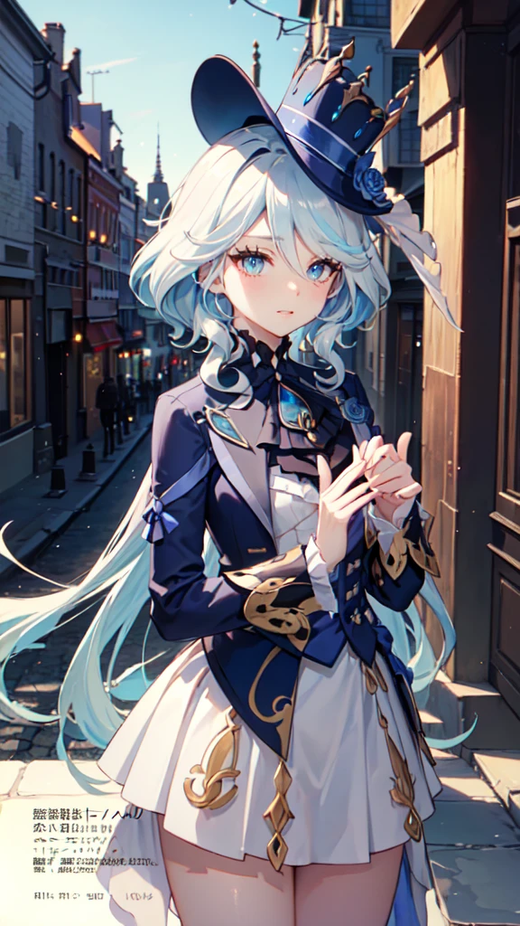 (White Skirt),(((Wearing a small black hat)))Follina, Surrealism, 8K, Super detailed, Hydraulic Alcon, Persistence, Mischievous face, Conceit, Beautiful Eyes, masterpiece, High resolution, 8K, Anime Women, The writing is delicate and detailed 、Detailed digital illustration、(((Genshin Impact))、Shiny Hair、Very beautiful woman、high resolution, high quality、Detailed Background、The inside of your eyes shine like diamonds、(((Blue Hair)))、(((Scan the fringes)))、Gradient pupil、(((Two arms、Four fingers, One thumb)))、Detailed female face、Very beautiful woman、、Detailed Background、masterpiece、Soft Focus , Bright gradient watercolor , Lens flare , (((flash))) , shine , wonderful ,、((Very beautiful light blue rose hair accessories)), Long skirt,Urban Background,Masturbation