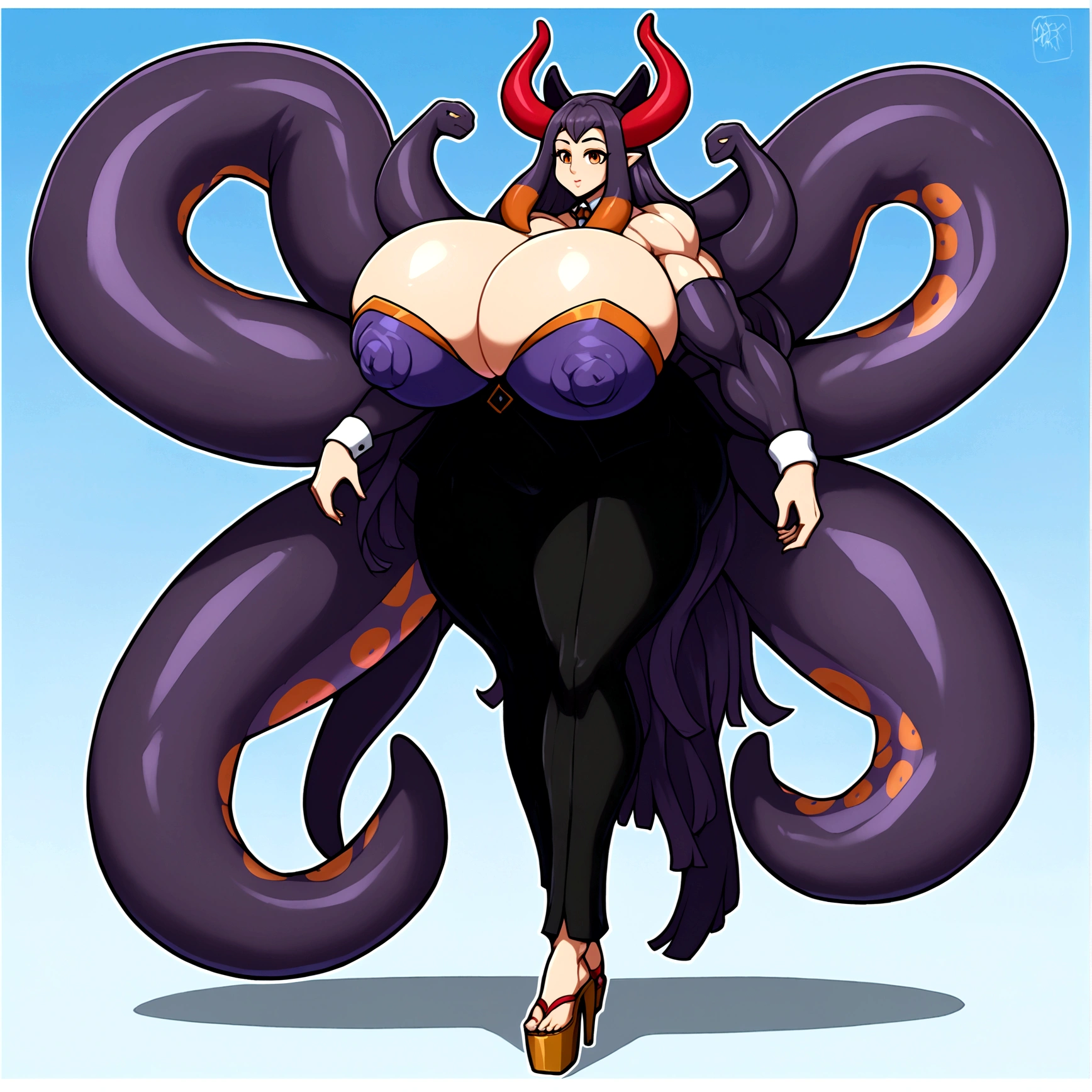 Yamato, ninomae hair, ninomae tentacles, gigantic muscular body, huge , 4 arms, full body.
