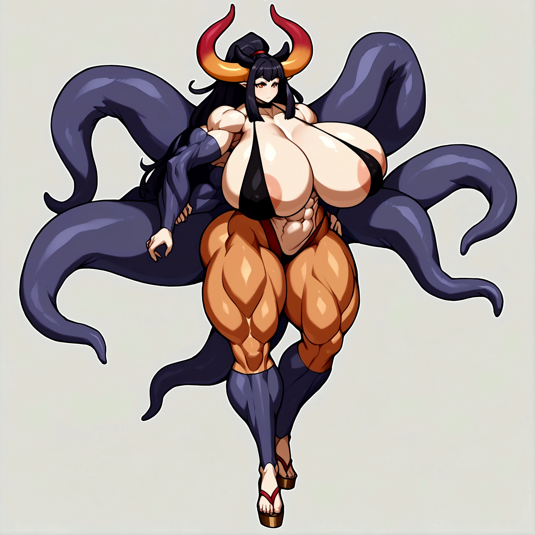 Yamato, ninomae hair, ninomae tentacles, gigantic muscular body, huge breasts, 4 arms, full body.