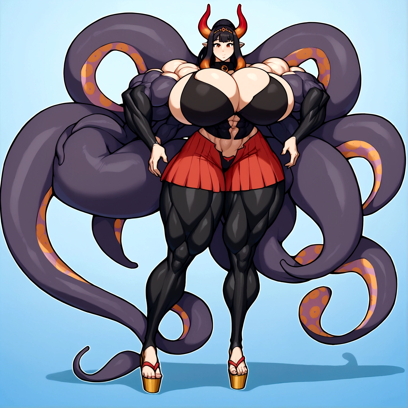 Yamato, ninomae hair, ninomae tentacles, gigantic muscular body, huge breasts, 4 arms, full body.