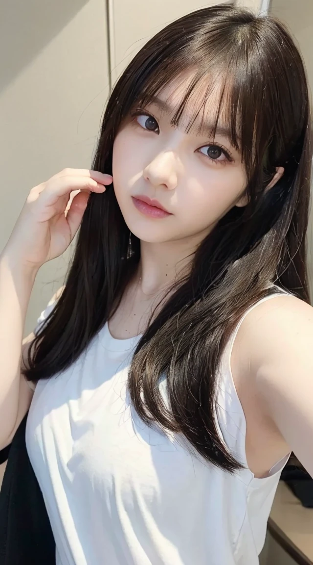 (Highest quality、8K、32k、masterpiece、Best Quality、Realistic))、Black Hair、Medium Hair、room、(Selfie、He is wearing a plain, long, white short-sleeved T-shirt.、See-through、Underwear is visible:1.3)