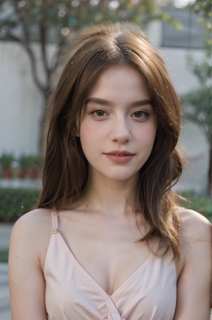 ((best quality)), ((masterpiece)), (detailed), 8k, RAW photo, Fujifilm, style photo of a beautiful young woman as avril in a garden of light pink roses (highly detailed skin: 1.2) Style-Petal BREAK long hair, blonde hair with colored locks, wearing a red color dress, film granulation, 35mm, cute style, blurred background