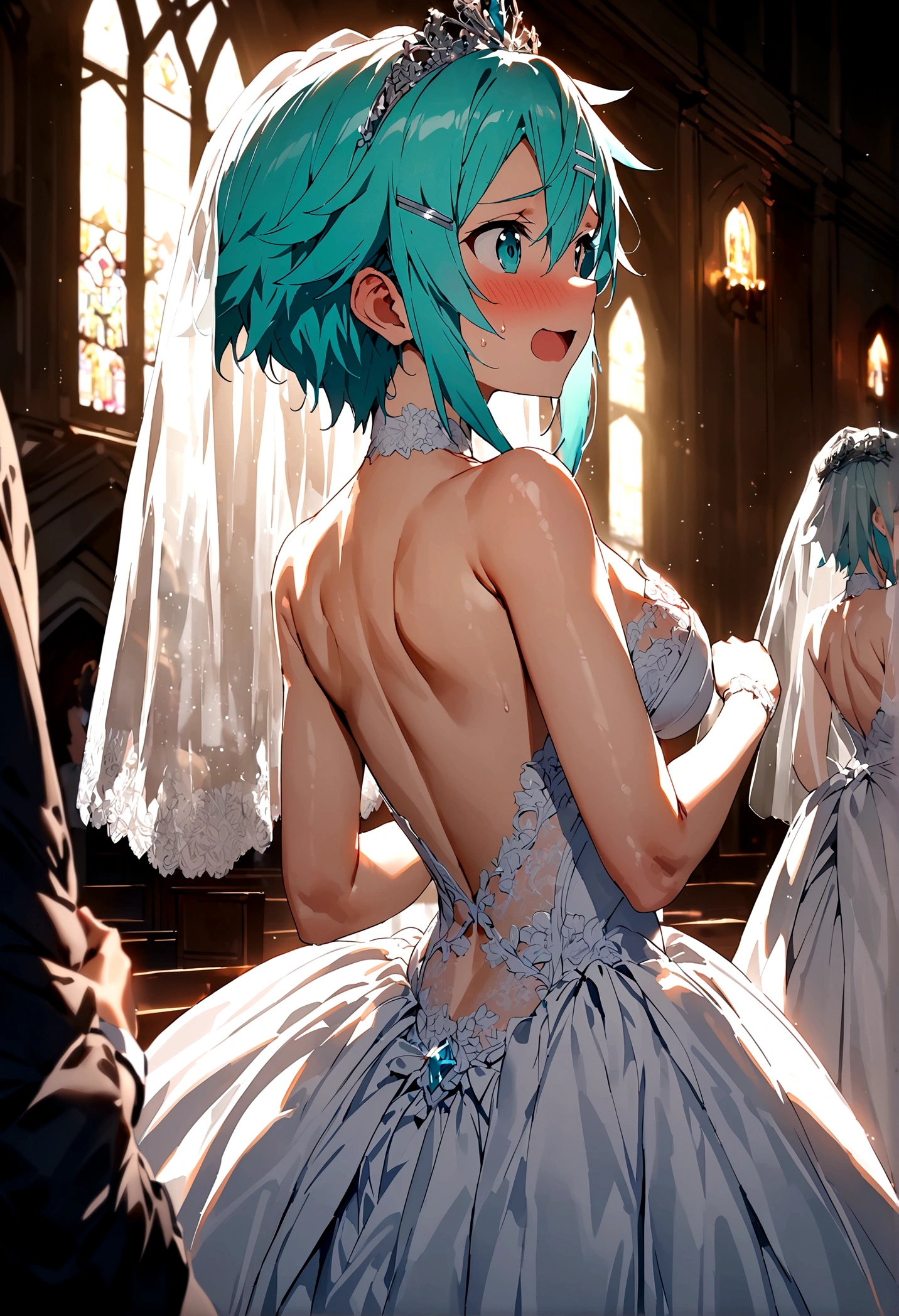 NSFW,masterpiece,Highest quality,High resolution,Super detailed,Sinon\(Sword Art Online\),(High quality sexy wedding dress),High-quality wedding lingerie,Wedding Veil,tiara,gem, hair ornaments, Hair Clip,wedding ring,Embarrassed,expectant face,(excited),blush,Church at night in the moonlight,Luxurious Room,wedding,From the back