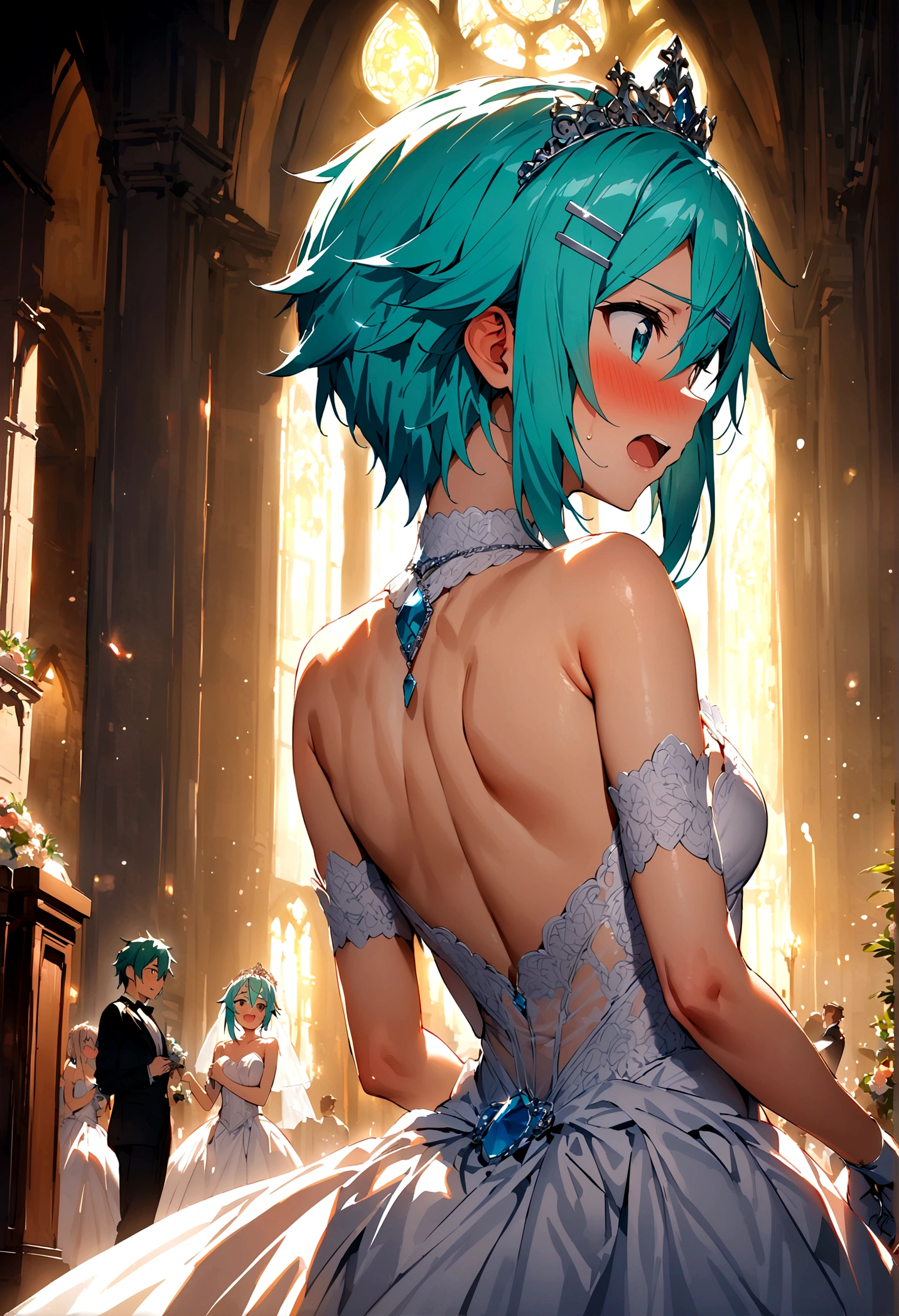 NSFW,masterpiece,Highest quality,High resolution,Super detailed,Sinon\(Sword Art Online\),(High quality sexy wedding dress),High-quality wedding lingerie,Wedding Veil,tiara,gem, hair ornaments, Hair Clip,wedding ring,Embarrassed,expectant face,(excited),blush,Church at night in the moonlight,Luxurious Room,wedding,From the back
