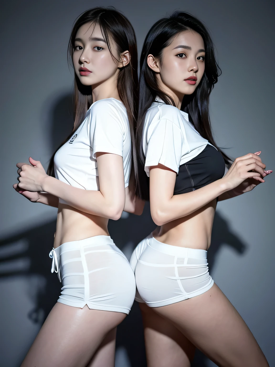 Two dynamic and sweet-looking women stand side by side and back to back, in a gray-black background. They are dressed in white cropped T-shirts that expose their slender waists and white shorts that highlight their rounded hips. Each woman holds a soccer ball in front of her chest with her right hand, while her left hand is behind her back. Ensure the right hands are correctly shaped and naturally positioned, firmly holding the soccer balls. The left hands behind their backs should be relaxed and anatomically accurate. Their complete heads, arms, and thighs occupy one-third of the entire 1080*1920 resolution image.

The women have soft facial expressions, natural smiles, and long hair that falls gently. Ensure the left girl's upper lip is smooth and natural. Ensure the left girl's abdomen is smooth and properly proportioned. Their posture is light and playful, emphasizing a Korean-inspired sweet style.

Make sure the proportions of both women are natural and consistent. Both women should appear equally proportioned and visually appealing. The right girl's body proportions, including her legs and torso, should be natural and symmetrical. Avoid any distortions or unnatural poses.

White cropped T-shirts and shorts should fit naturally, with no unnatural folds or deformations. Both women are wearing either black sheer pantyhose. The overall image should maintain a high level of detail and visual appeal, capturing the essence of dynamic and sweet Korean-inspired style. Ensure both women appear sweet and cute, with beautiful faces, eyes, arms, hands, fingers, and abdomens.