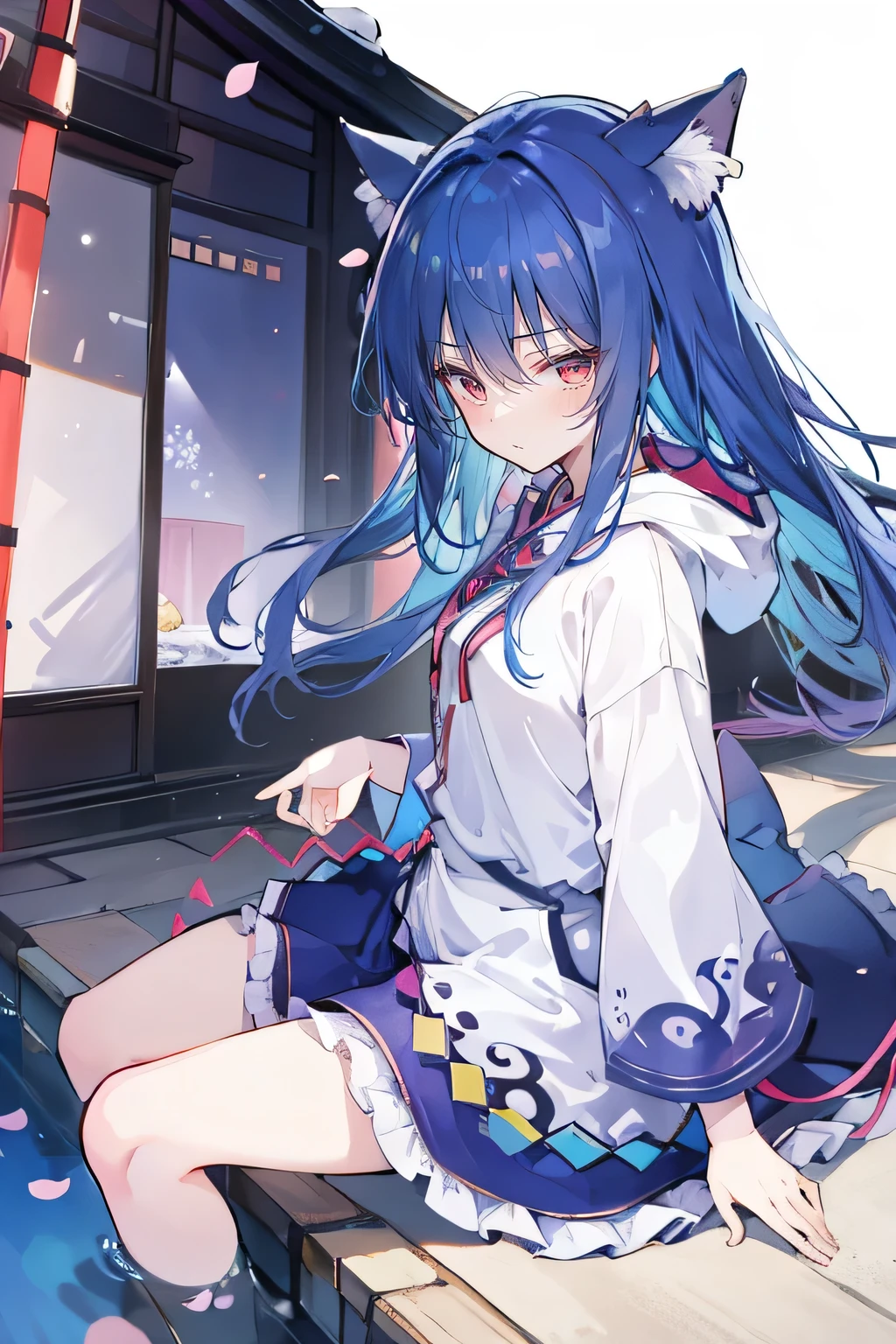 （masterpiece：1.2），Super detailed，lifelike，Expressive eyes，fair skin，perfect face shape，1 girl，
Japanese comics,Gorgeous blue hair,flowing blue hair,flowing clothes,Cat ears,Petals fall,beautiful lola,Baby Angel,
Shaking head with one hand，Cross your legs，Gentle and peaceful background，The pavilion is cool and comfortable,smile, wearing hoodie, background of tokyo,back views,snowing, winter,Angel wings，The world is open，shameful expression。