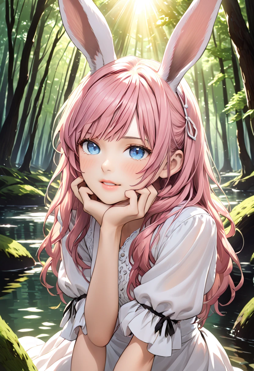 (high quality) (best quality) (a woman) (correct physiognomy) Woman, pink hair with bangs on her forehead, Bunny ears on her head, blue eyes, tender lips, middle age, a cute white dress style lolita, lighting of the photo: sunlight, It is in the middle of a lake un the forest