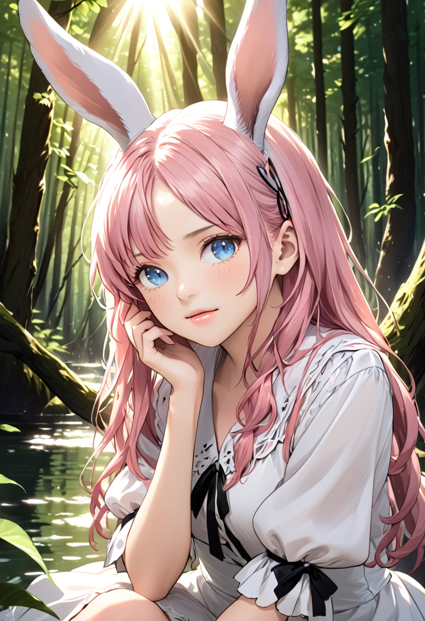 (high quality) (best quality) (a woman) (correct physiognomy) Woman, pink hair with bangs on her forehead, Bunny ears on her head, blue eyes, tender lips, middle age, a cute white dress style lolita, lighting of the photo: sunlight, It is in the middle of a lake un the forest