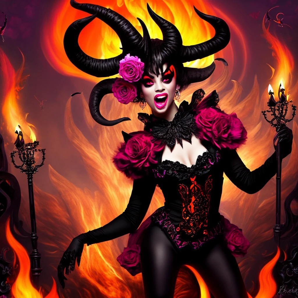 A devilish horror creature, sharp fangs and horns, pink and black and orange, goth rococo fashion style, roses and butterflies in the fire