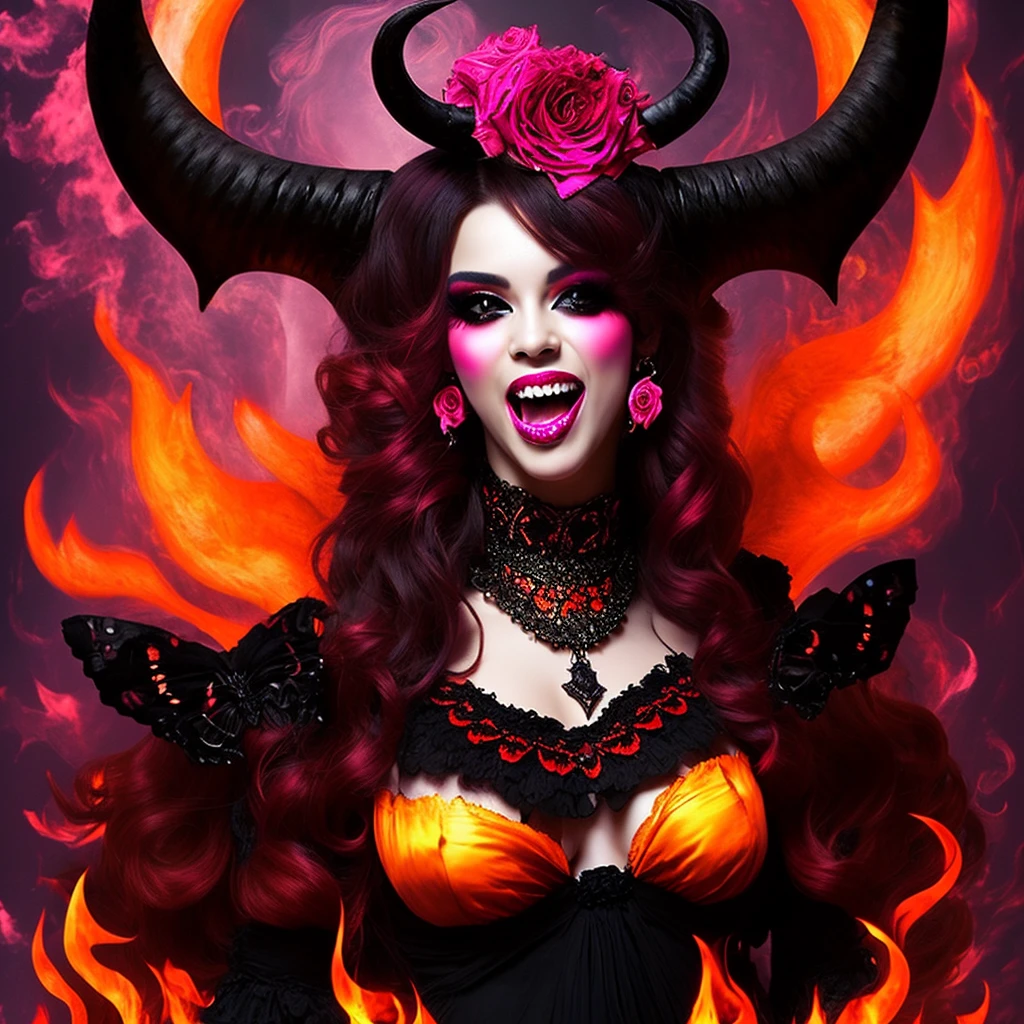 A devilish horror creature, sharp fangs and horns, pink and black and orange, goth rococo fashion style, roses and butterflies in the fire