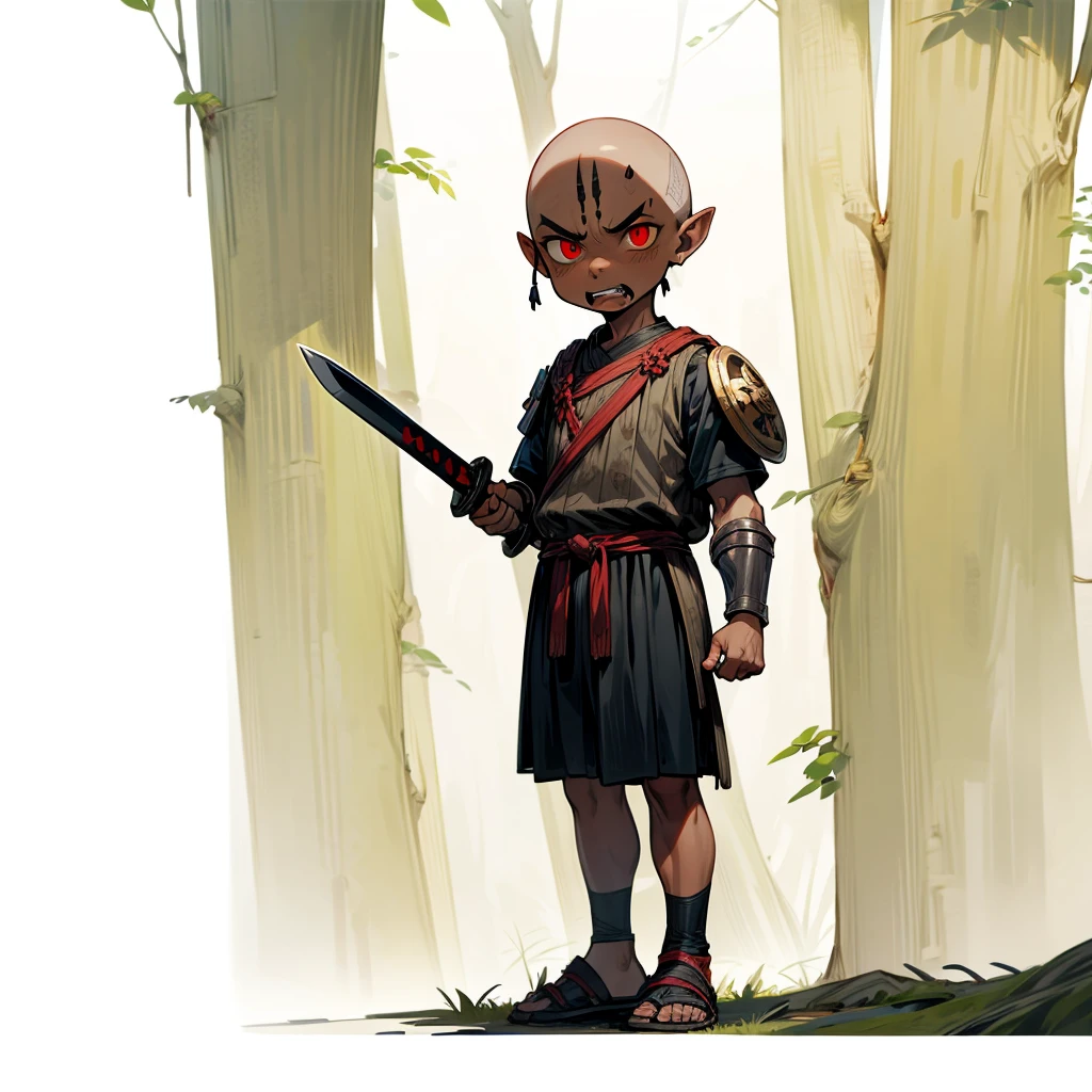 1little boys orc, orc version, Full body version, red eyes, black skins, angry eyes, bald hairstyle, angry expression, ancient Greek clothing, ancient Greek sandals, wood sword in hand, small shield wood, wood armor vest, Grassroots background in forest 