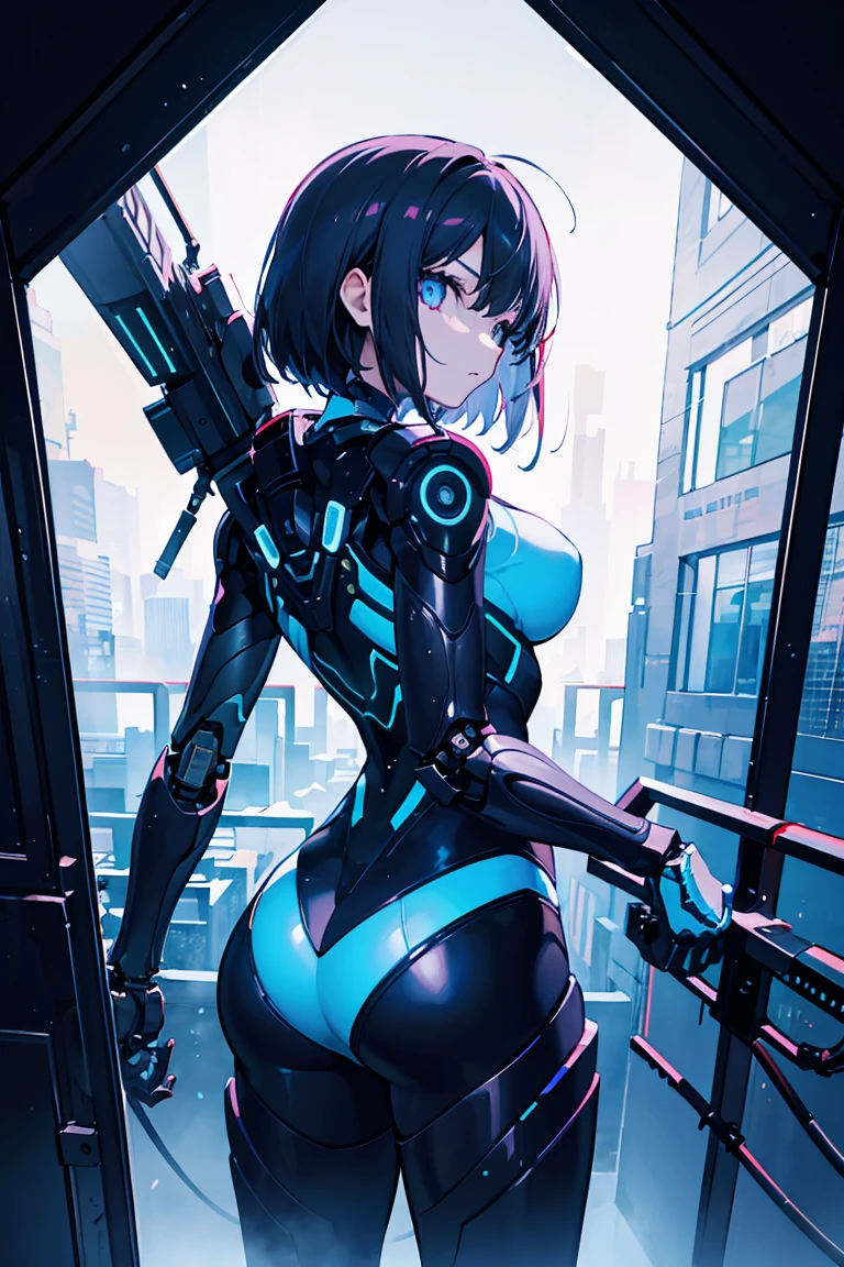 One girl, Cowboy Shot, (Condescending Eyes),Has a huge sword, Ready to fight, Detailed anime faces, White Armor, Female robot suit, Mechanical silhouette,  Cybernetic Techwear, Huge rear booster, Dark Eye, Sleek design, Dark fantasy, Futuristic Environment,tonality, Romanticism, modern art, Impressionism, reflected light, 8K, masterpiece, Advanced Details, Highest quality