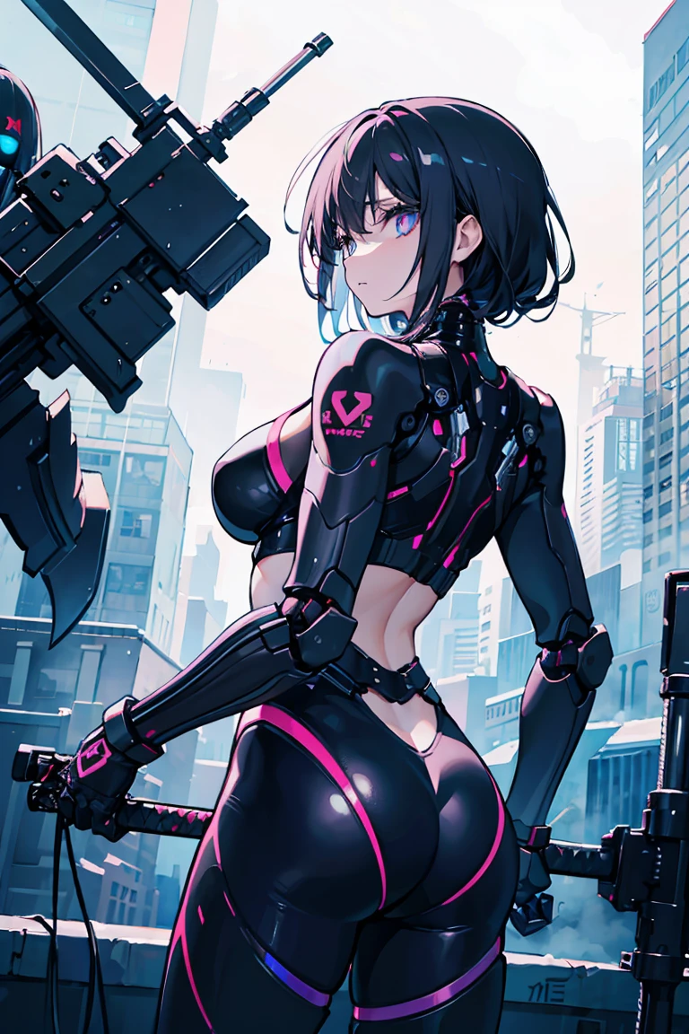 One girl, Cowboy Shot, (Condescending Eyes),Has a huge sword, Ready to fight, Detailed anime faces, White Armor, Female robot suit, Mechanical silhouette, Cybernetic Techwear, Huge rear booster, Dark Eye, Sleek design, Dark fantasy, Futuristic Environment,tonality, Romanticism, modern art, Impressionism, reflected light, 8K, masterpiece, Advanced Details, Highest quality