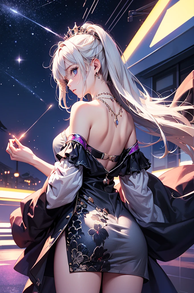 (masterpiece:1.5, Highest quality, Very detailed、 Dutch Angle、Semi-Realistic、Fantasy)(One girl, alone)(White and beautiful hair:1.4,,Straight Long Hair)(White based dress)、((Off the shoulder、Medium Chest、ruby necklace))(from backside,The buttocks are slightly visible、Legs wrapped in tights)(Beautiful starry sky、Mystical Night、Particles of light float around the woman、Fantasyな空間)