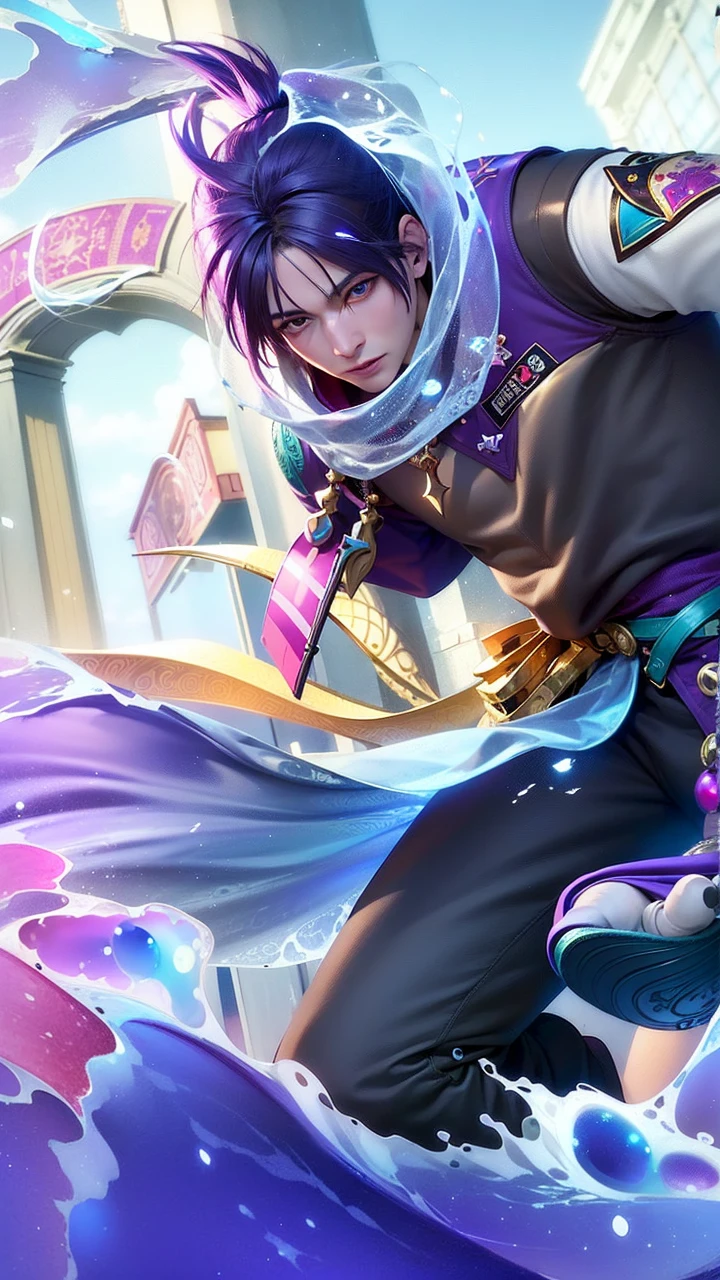 masculine male, masterpiece, ((perfect eyes)) best quality, (semirealism:1.9), beautiful lighting, (extremely detailed CG unity 4k fhd wallpaper), High Detail, Sharp focus, dramatic outdoors, 1 boy ,19 years old, blue eyes, smile, royal matador.