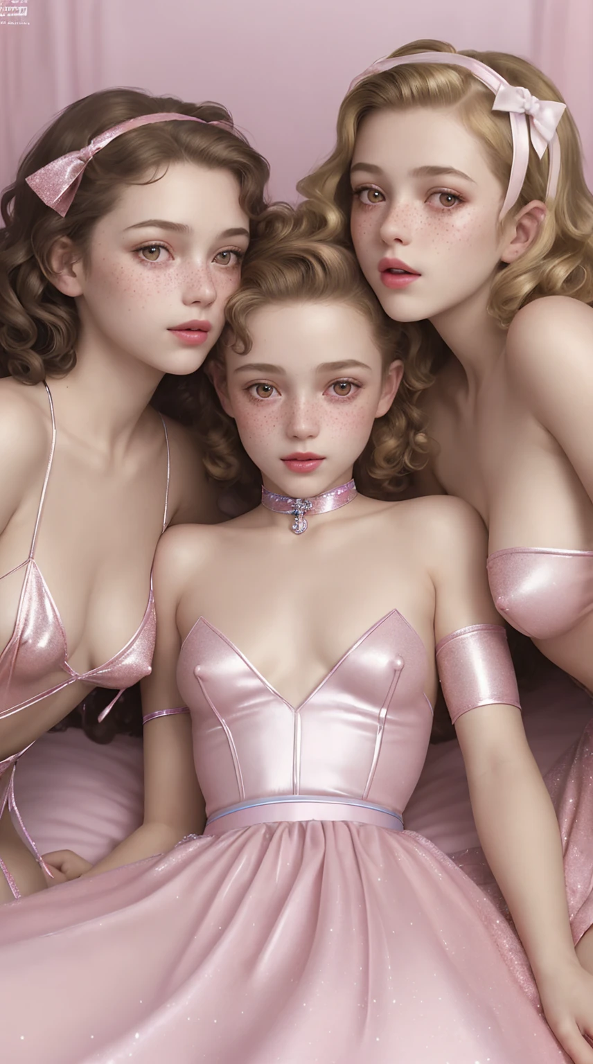 A realistic rendering of a David Wright style illustration of a very close, ultra close shot on the breasts of three girls, 3 kissing, pert, nubile, thin,  freckled,  teen    girls with 50s style, very short, ultra short,  platinum blonde  hair, Iridescent bows in hair, topless, tiny breasts, bare breasts, exposed breasts, small breasts, little breasts, exposed crotch ,pink nipples         , puffy nipples         , exposed     nipples     , slight smile,  head resting against breasts, open mouth, wearing pastel colored body harnesses, with wide lace straps,       uniforms,  iridescent sparkles on chest, iridescent glitter on breasts,   white cuffs, white collar, hip straps, iridescent sparkles on breasts, reclining  on a bed in a pink, 1950s   girl's bedroom, ultra close shot on breasts 