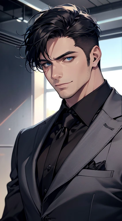 (best quality,4k,8k,highres,masterpiece:1.2),ultra-detailed,(realistic,photorealistic,photo-realistic:1.37),1 man,31 years old,mature man,very handsome,without expression,smile,short black blue hair,blue eyes,penetrating gaze,perfect face without errors,imposing posture,businessman,office background,cinematic lighting,hdr image