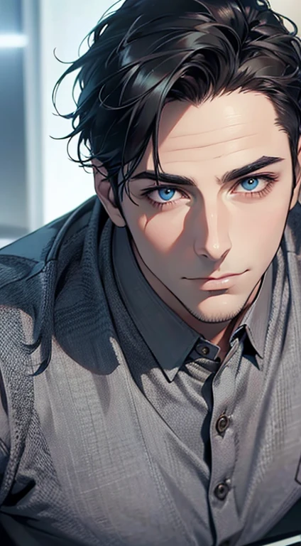 (best quality,4k,8k,highres,masterpiece:1.2),ultra-detailed,(realistic,photorealistic,photo-realistic:1.37),1 man,31 years old,mature man,very handsome,without expression,smile,short black blue hair,blue eyes,penetrating gaze,perfect face without errors,imposing posture,businessman,office background,cinematic lighting,hdr image