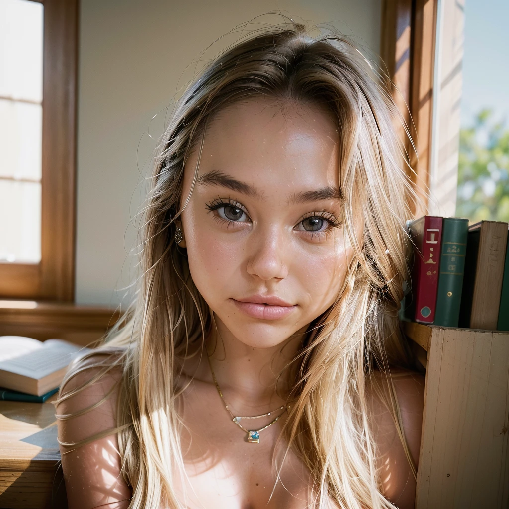 Realistic photo of a beautiful 18 year old (((ALEXIS-REN))), (best quality,ultra-detailed,realistic:1.2),beautiful detailed eyes,beautiful detailed lips, blonde hair, student, classroom, learning,  sitting at desk, books, teacher, pencil 