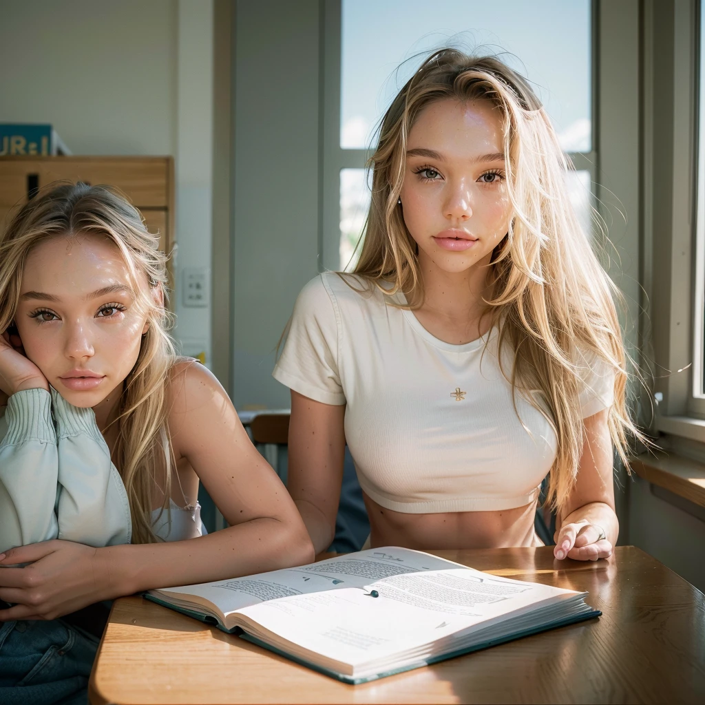 Realistic photo of a beautiful 18 year old (((ALEXIS-REN))), (best quality,ultra-detailed,realistic:1.2),beautiful detailed eyes,beautiful detailed lips, blonde hair, student, classroom, learning, sitting at desk, books, teacher, pencil