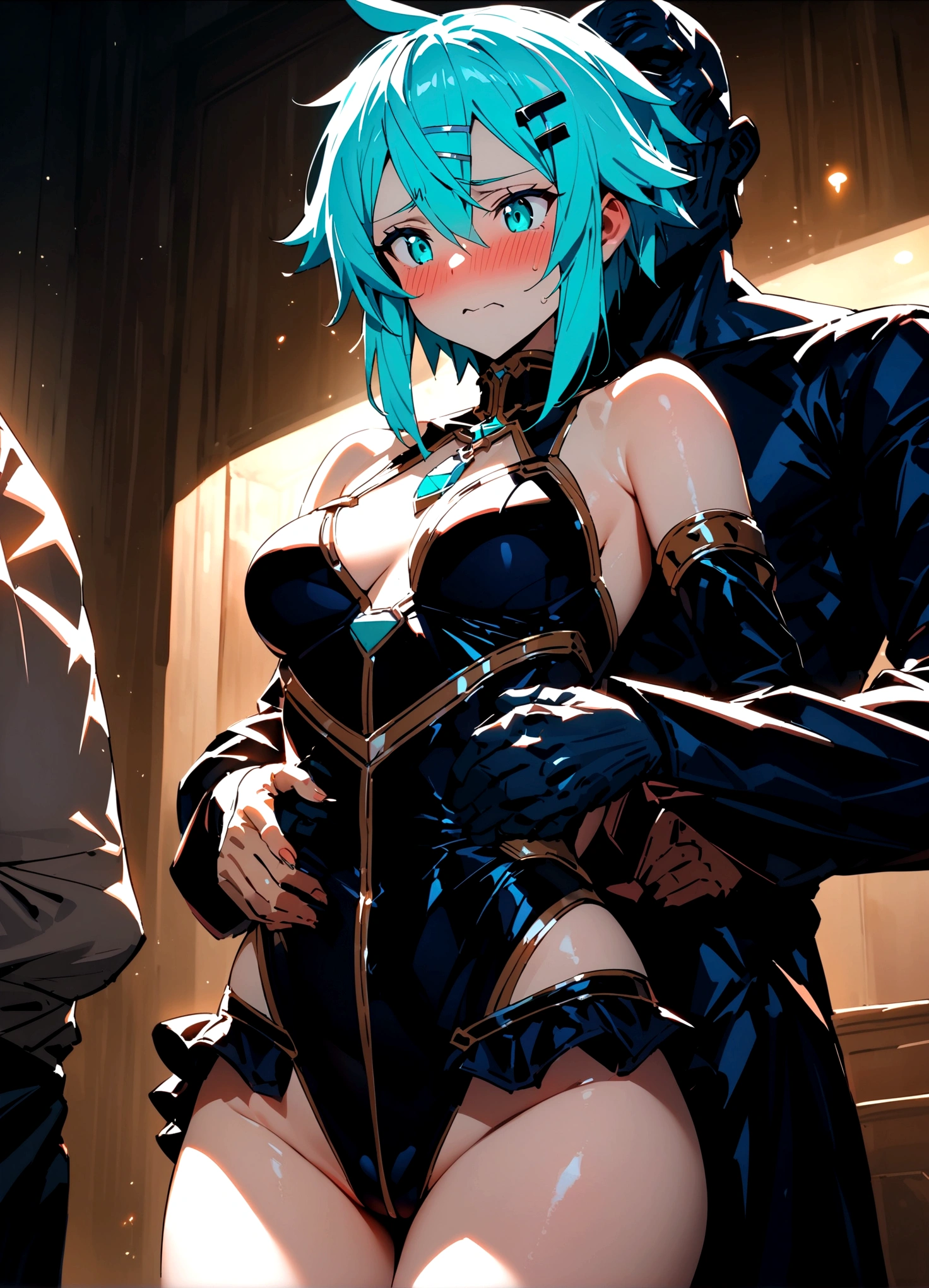 NSFW,masterpiece,Highest quality,High resolution,Super detailed,Sinon\(Sword Art Online\),Bare shoulders,Removable sleeves,Hand guard,leotard,Cape,Frilled mini skirt,gem, hair ornaments, Hair Clip,Embarrassed,expectant face,(Lust),(Estrus),blush,Fantasy,Adventurer&#39;s Guild,reception,indoor,(Tough-faced man),(The man next to her puts his hands on her waist and pulls her closer.)