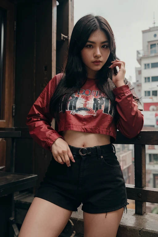 bidikan aksi seluruh tubuh seorang pahlawan gadis muda asia cantik wajah berblood ,rambut hitam mengenakan jaket kulit hitam mengayunkan katananya kearah lawan detail percikan blood mainan , banyak enemy
terjatuh ,blood,kota,enemy,intricately detailed red ink splashes, 16k uhd,city background in the afternoon