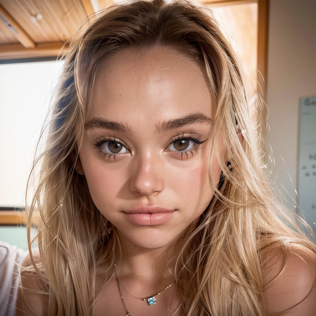 Realistic photo of a beautiful 18 year old (((ALEXIS-REN))), (best quality,ultra-detailed,realistic:1.2),beautiful detailed eyes,beautiful detailed lips, blonde hair, student, classroom, learning, sitting at desk, books, teacher, pencil