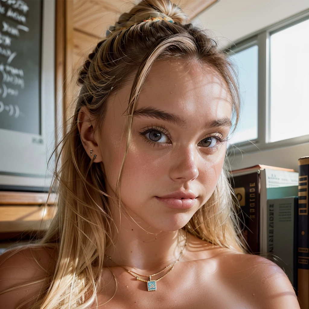 Realistic photo of a beautiful 18 year old (((ALEXIS-REN))), (best quality,ultra-detailed,realistic:1.2),beautiful detailed eyes,beautiful detailed lips, blonde hair, student, classroom, learning, sitting at desk, books, teacher, pencil