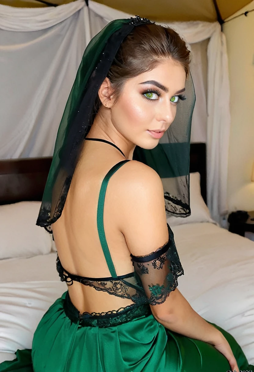 Beautiful beautiful Arab girl with strong green eyes and 18 years old, ela tem olhos verdes fortes, She wears black lingerie and a veil behind her back, she is facing the camera, olhar sensual, ela tem olhos verdes, tem maquiagem sensual nos olhos, She is sitting on a Persian bed with a tent on top, she is facing the camera