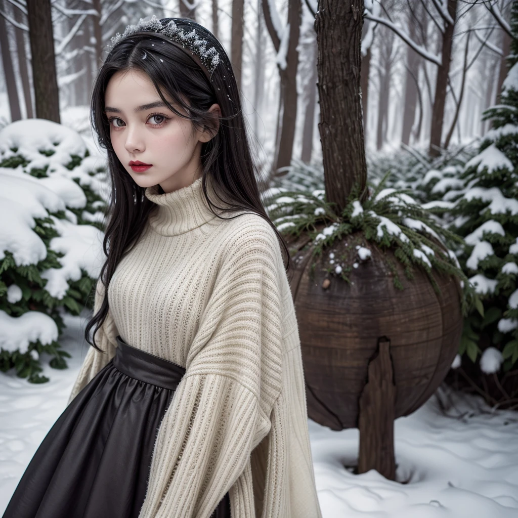 1  girl, long dark black hair, clear skin, big brown eyes, Slim appearance, Red lips, wears a dress, layer, era, medieval, black and white color, PLANTS, in a hurry, snow, sueter, chuck
