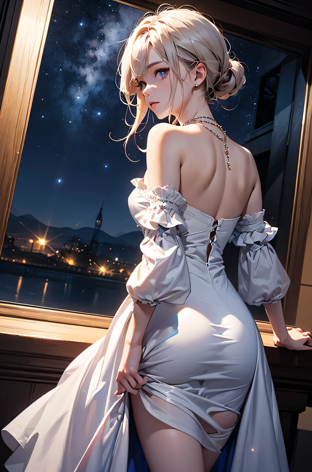 (masterpiece:1.5, Highest quality, Very detailed、 Dutch Angle、Semi-Realistic、Fantasy)(One girl, alone)(White and beautiful hair:1.4,,Straight Long Hair)(White based dress)、((Off the shoulder、Medium Chest、ruby ​​necklace))(from backside,The buttocks are slightly visible、Legs wrapped in tights)(Beautiful starry sky、Mystical Night、Particles of light float around the woman、Fantasy space)
