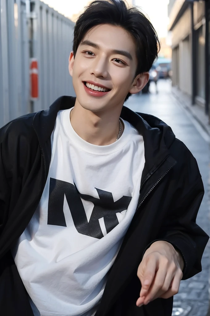 ((highest quality, 8K, masterpiece: 1.3)), New York City、Handsome boy in street fashion:1.5, 28-year-old、Delinquent boy、 well-groomed face, black hair、thin face、(white skin:1.5)、close up shot、black eyes、boy sad、Super handsome、sexy eyes、Extra-fine face, handsome nose, small eyes and face, beautiful lighting, High resolution, detailed mouth, laughing out loud, Laughter、Delighted、whole body: 1.5, perfect body shape、super slim,medium hair、STUSSY clothes、Oversized clothes、same clothes