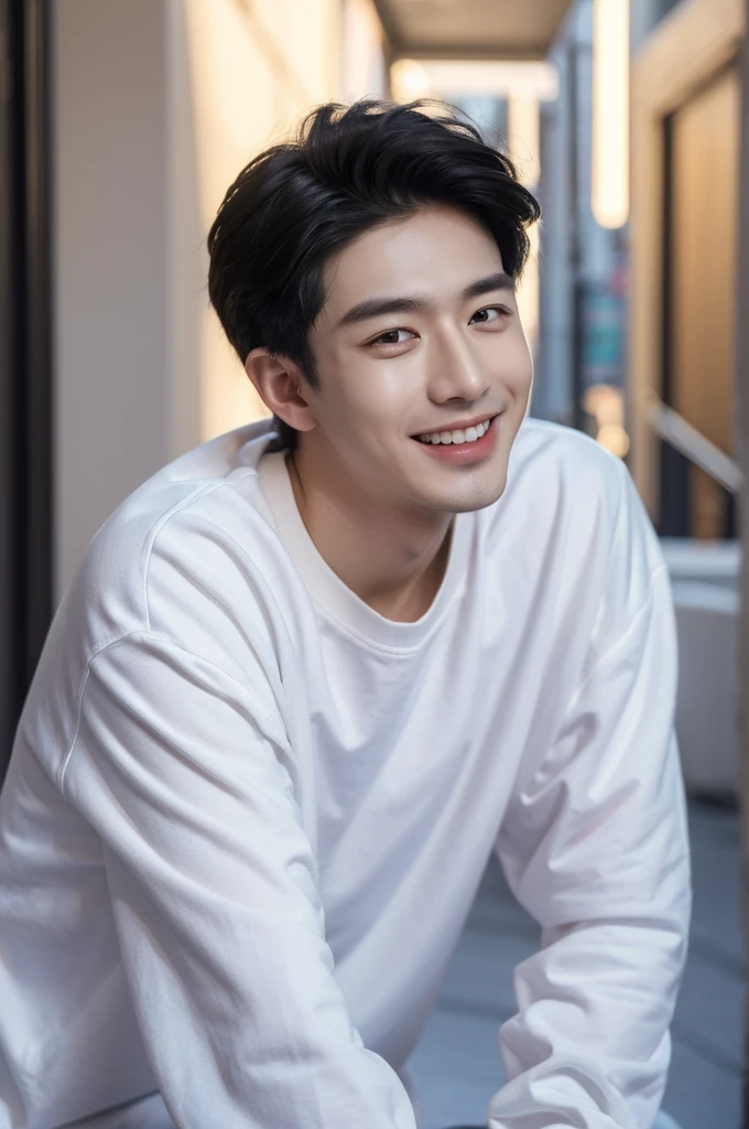 ((highest quality, 8K, masterpiece: 1.3)), New York City、Handsome boy in street fashion:1.5, 28-year-old、Delinquent boy、 well-groomed face, black hair、thin face、(white skin:1.5)、close up shot、black eyes、boy sad、Super handsome、sexy eyes、Extra-fine face, handsome nose, small eyes and face, beautiful lighting, High resolution, detailed mouth, laughing out loud, Laughter、Delighted、whole body: 1.5, perfect body shape、super slim,medium hair、STUSSY clothes、Oversized clothes、same clothes