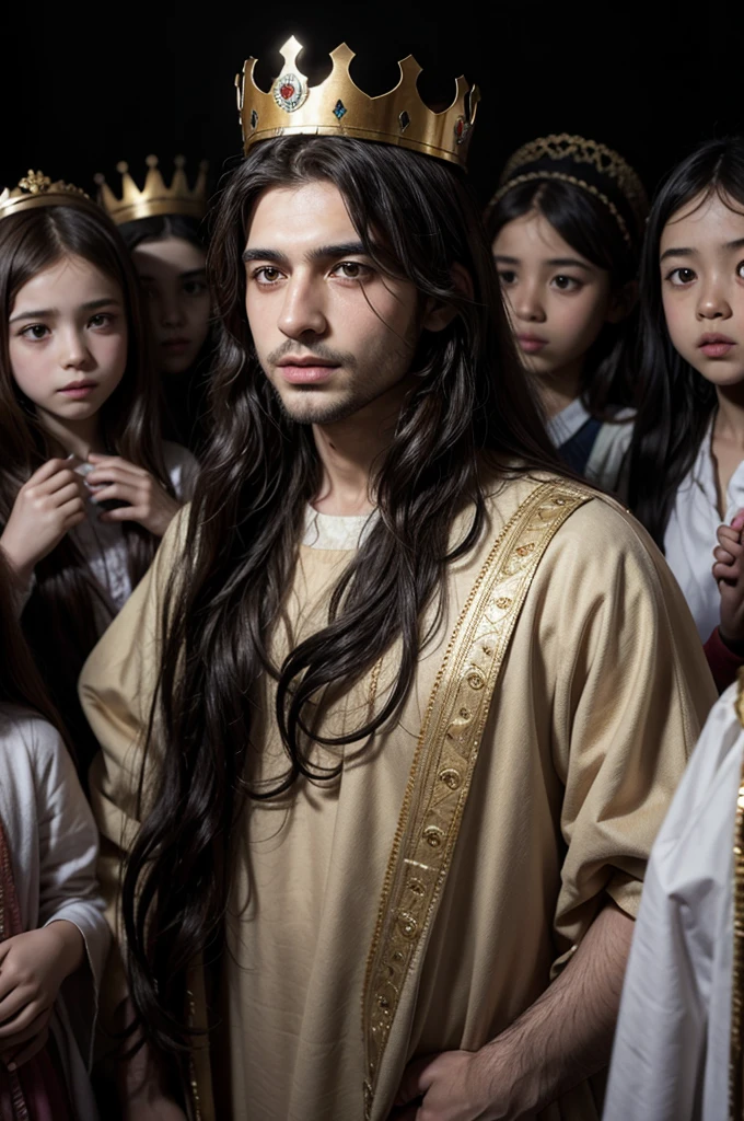 Long-haired Palestinian man with a crown, with many children in crowns around him
