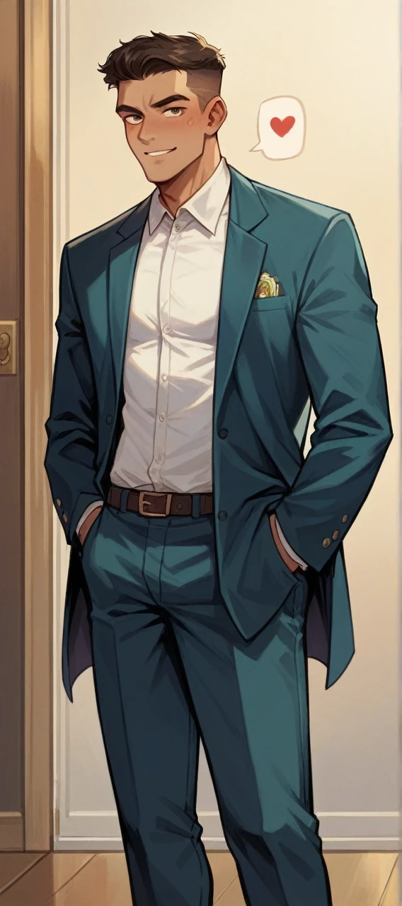 40 year old Brazilian boy, beautiful white skin, eyes browns, Hand in pocket, in a suit in the room, a selfie of the face 🤳🏽.. realisitic... best possible quality.