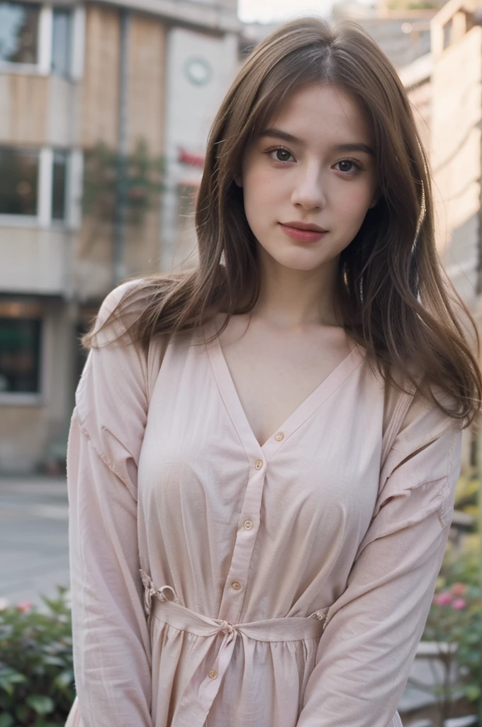 ((best quality)), ((masterpiece)), (detailed), 8k, RAW photo, Fujifilm, style photo of a beautiful young woman as avril in a garden of light pink roses (highly detailed skin: 1.2) Style-Petal BREAK long hair, blonde hair with colored locks, wearing a red color dress, film granulation, 35mm, cute style, blurred background