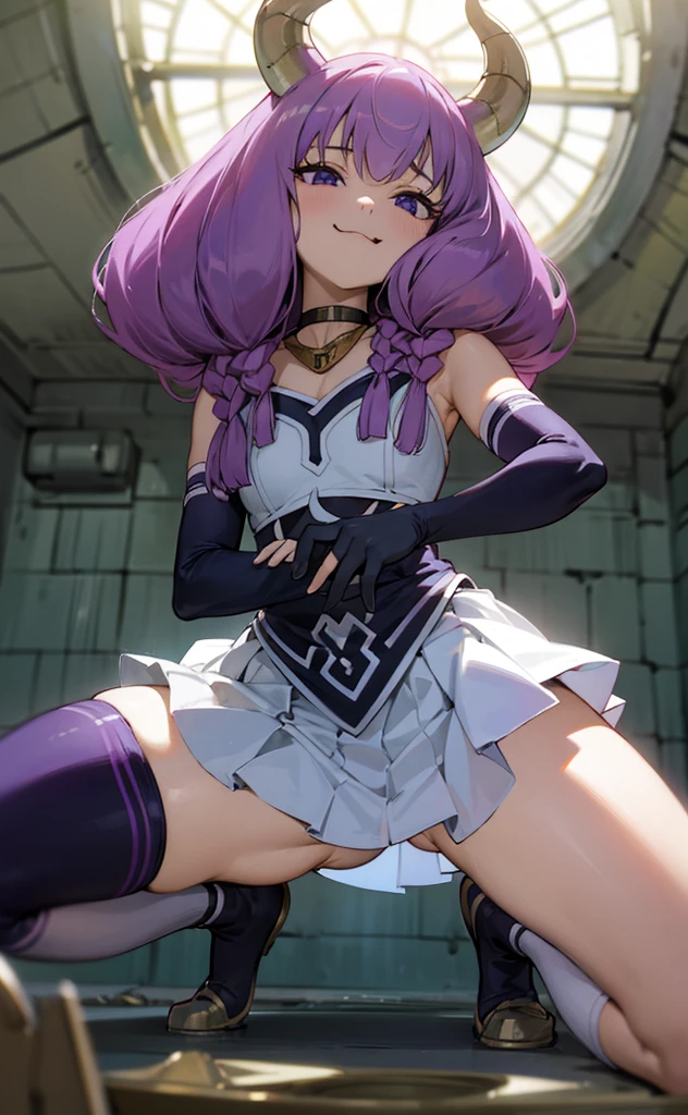 キヤノンEOS R3で撮影した32k解像度のHighest qualityのRAW写真, From below:1.15),(masterpiece、Highest quality),Girl showing off her crotch, ,Show off your underwear,A sloppy smile, Looking up,Refreshing,Sticking out tongue,squat,Spread your legs(How :1.3)、Squatting down and showing off your crotch,Thigh close-up,squat美しいアニメの女の子, Anime girl shows off her crotch,hugging her knees,Bare thighs!!!,Detailed underwear.,aura the guillotine, long hair, (purple eyes:1.1), purple hair, braid, horns, twin braids,
skirt, thighhighs, gloves, choker, black gloves, elbow gloves、,White panties