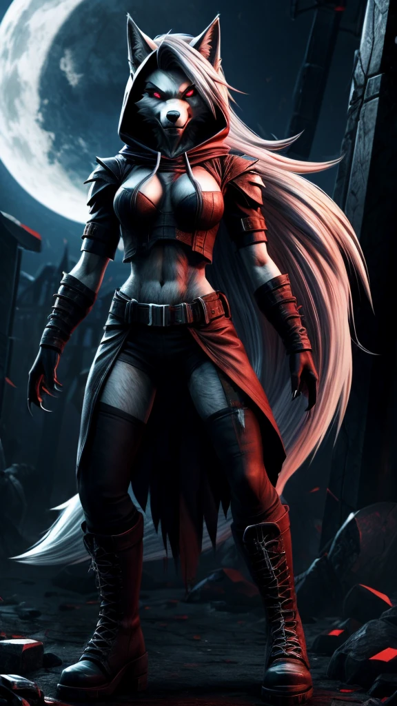 Loona from Helluva Boss, female wolf, anthro, mature adult, white hair, grey eyes, infected with blacklight virus, based and inspired by Prototype game series, hooded, boots, glowing red eyes with visible iris, bloody, sharp claws, visible fangs, mutant, standing, menacing, detailed, solo, beautiful, high quality, full body, 4K