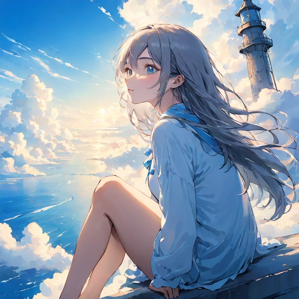 finely detailed illustration, vibrant color,High resolution、８ｋ、pretty girl、One Girl、Perfect and detailed eye drawing、Highest quality、masterpiece、detailed eye and face, A thin tower stretching high into the sky、Cylindrical tower、sea of clouds、blue sky、Sitting cross-legged、Hair blowing in the wind、Gray Hair、Girl staring into the distance、White clothes、barefoot、Full body angle、sea of clouds