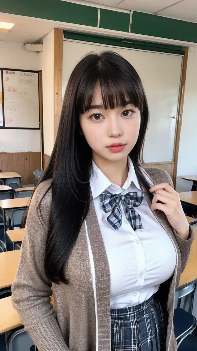 alone、high school girl、Natural body shape、White skin、Natural Makeup、Black Hair、bangs、Straight Long Hair、、(High 、Long sleeve cardigan、White blouse、Checkered Pleated Skirt)、、(Big Breasts:1.3)、((The upper body is wearing a uniform))、School classroom、Looking into the camera、Cleavage