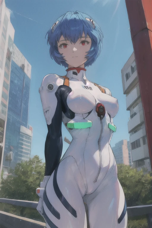 masterpiece, best quality, 1girl, ayanamirei, plugsuit, interface headset, looking at viewer, light smile, city park, upper body, arms_behind_back