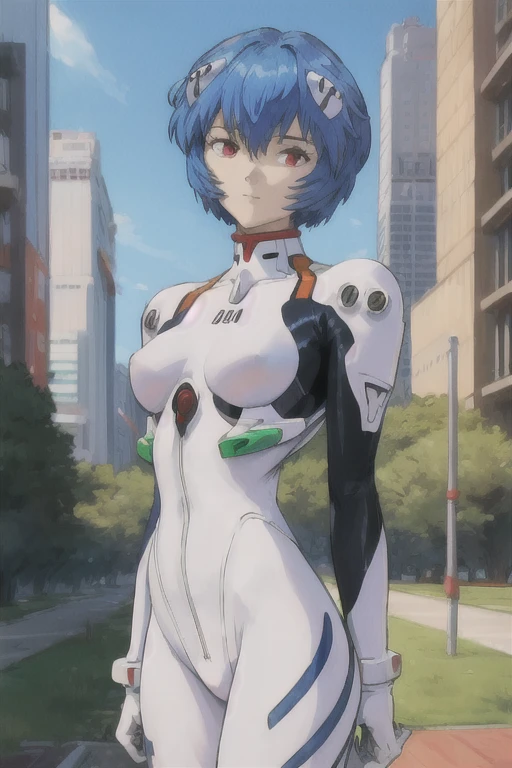 masterpiece, best quality, 1girl, ayanamirei, plugsuit, interface headset, looking at viewer, light smile, city park, upper body, arms_behind_back