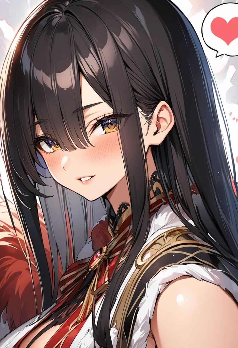 Highest quality、4K、8K、high Quality、Boa Hancock、Official Costume、Official Costume、Huge breasts:1.5、sagging breast:1.5、1girl、portrait、spoken heart、face focus、straight hair、long hair、Black Hair