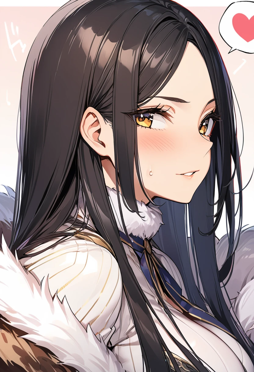 Highest quality、4K、8K、high Quality、Boa Hancock、Official Costume、Official Costume、Huge breasts:1.5、sagging breast:1.5、1girl、portrait、spoken heart、face focus、straight hair、long hair、Black Hair