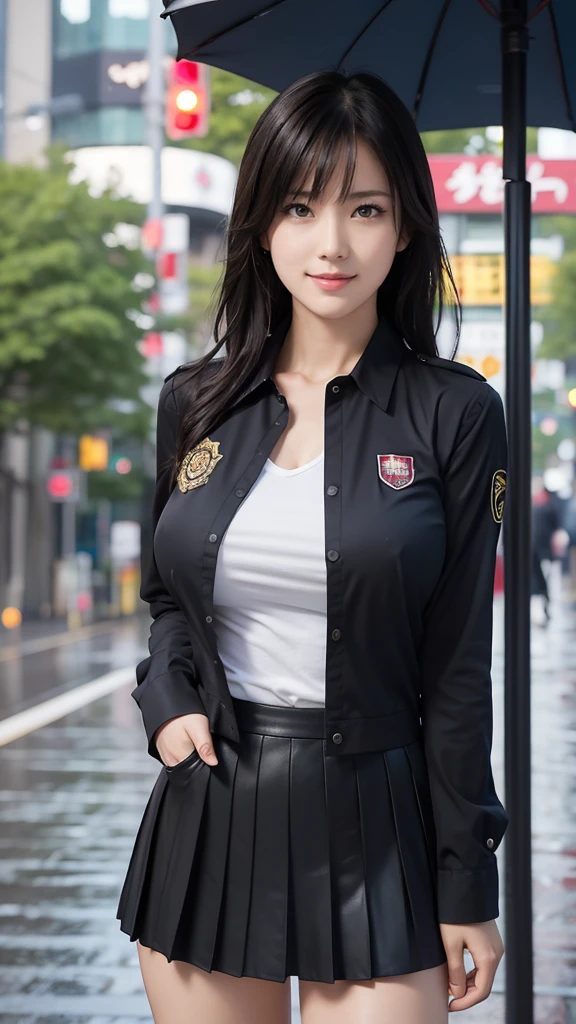score_9,score_8_superior,score_7_superior,8K, Her big boobs are about to burst out of her shirt、chest, Beautiful Japanese Women, 18-year-old, Schoolgirl in the rain, (The uniform is transparent and the underwear can be seen.:1.2)、(skirt:1.3)、Photorealistic and realistic Shibuya city background, smile,Mr..々Pause