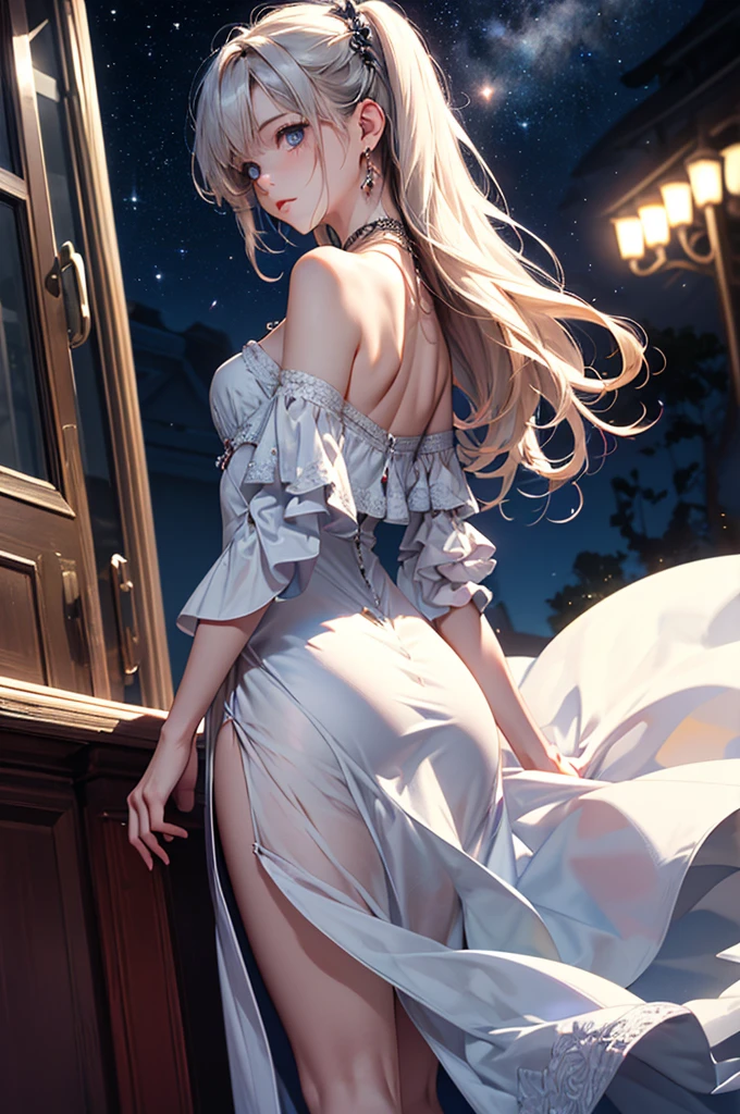 (masterpiece:1.5, Highest quality, Very detailed、 Dutch Angle、Semi-Realistic、Fantasy)(One girl, alone)(White and beautiful hair:1.4,,Straight Long Hair)(White based dress)、((Off the shoulder、Medium Chest、ruby ​​necklace))(from backside,The buttocks are slightly visible、Legs wrapped in tights)(Beautiful starry sky、Mystical Night、Particles of light float around the woman、Fantasyな空間)
