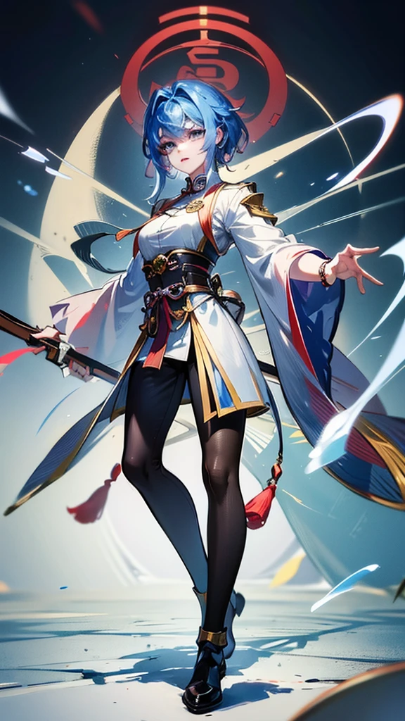 Masterpiece, Best quality, 1 Tang Wu Tong, the expression is cold, strong, blue eyes, short hair, wolfcut hairstyle, smoky mix blue color hair, resolute eyes, red lips, simple Taoist Taoist uniform, Chinese mix morden, frontal photo, black or white background, simple background, anime, illustration, hafl body, Chinese style short-sleeved shirt, cool girl, fullbody