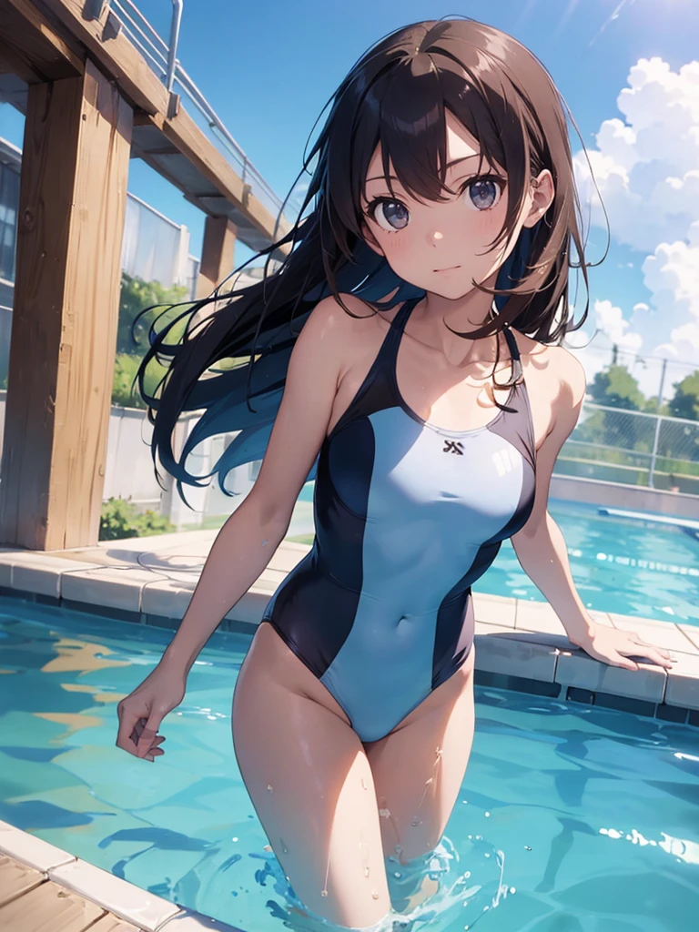 master piece, extremely detailed, high resolution, Makoto Shinkai style, swimsuit, girl, on the pool, blue sky, Long Straight Hair, brown hair