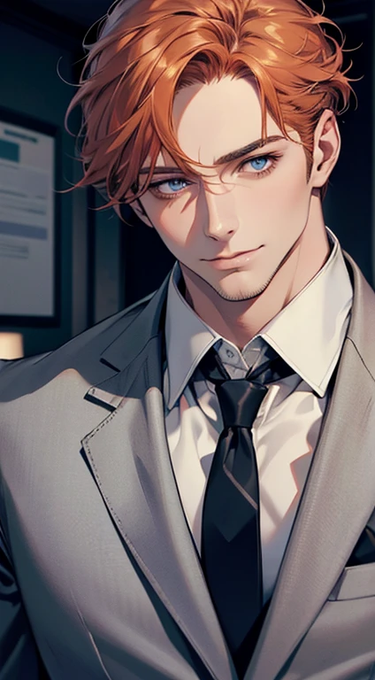 (best quality,4k,8k,highres,masterpiece:1.2),ultra-detailed,(realistic,photorealistic,photo-realistic:1.37),1 man,31 years old,mature man,very handsome,without expression,smile,short grey b
Orange hair,blue eyes,penetrating gaze,perfect face without errors,imposing posture,businessman,office background,cinematic lighting,hdr image