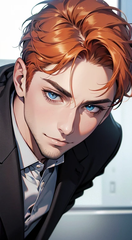(best quality,4k,8k,highres,masterpiece:1.2),ultra-detailed,(realistic,photorealistic,photo-realistic:1.37),1 man,31 years old,mature man,very handsome,without expression,smile,short grey b
Orange hair,blue eyes,penetrating gaze,perfect face without errors,imposing posture,businessman,office background,cinematic lighting,hdr image